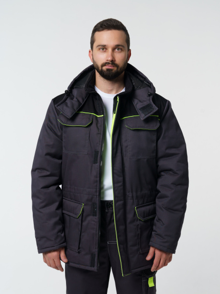 Куртка мужская зимняя Кур703 ткань Твил, цвет темно-серый, черный с лимонной отделкой